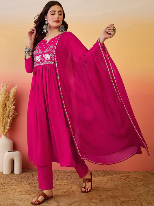 Dhiyona SN Women's Embroidered Notch Neck A-Line Kurta With Trousers & Dupatta