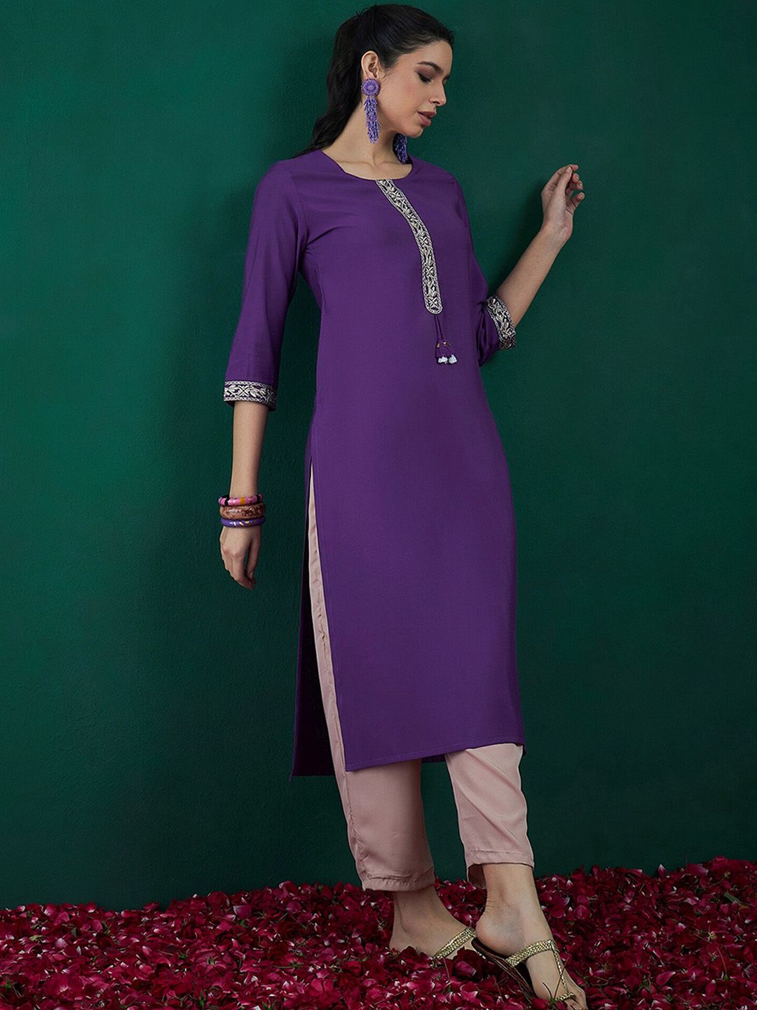 Dhiyona IE Pack of 2 Round Neck Ethnic Embroidered Chanderi Silk Straight Kurta