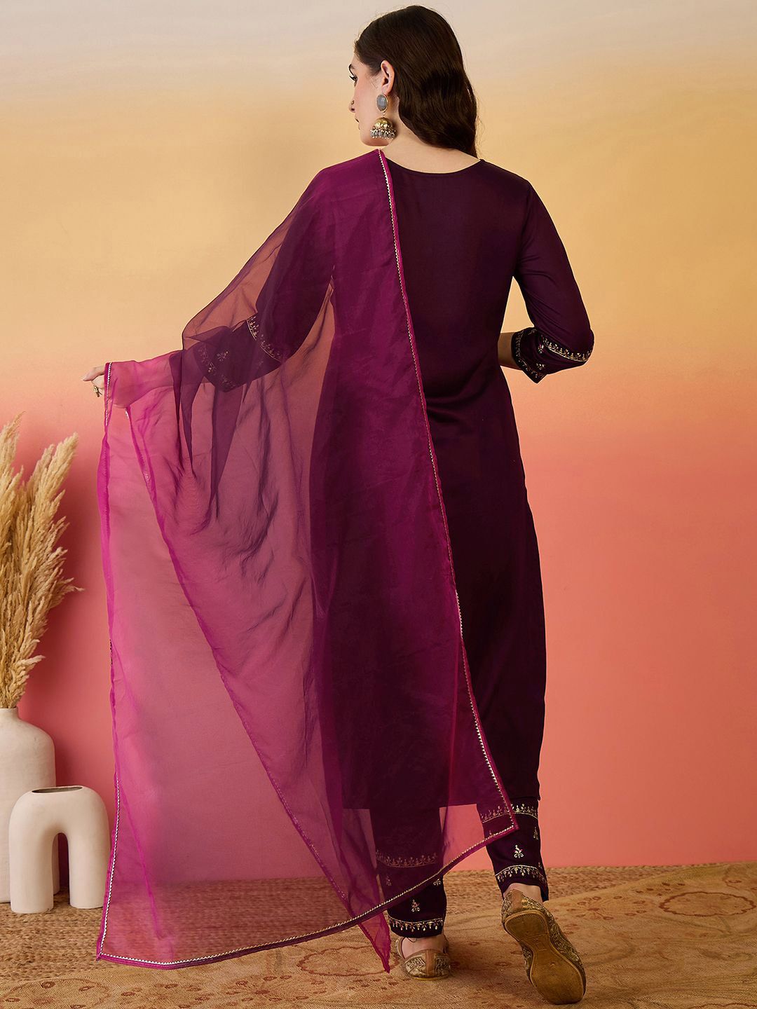 Dhiyona SN Women's Floral Zari Embroidered Notch Neck Straight Kurta With Trousers & Dupatta