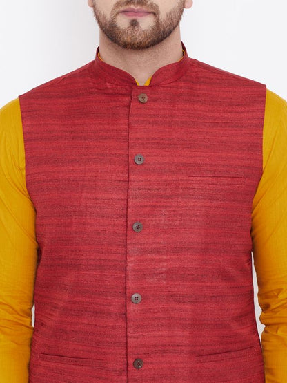 Men's Mustard Cotton Blend Straight Jacket  Kurta and Pyjama Set