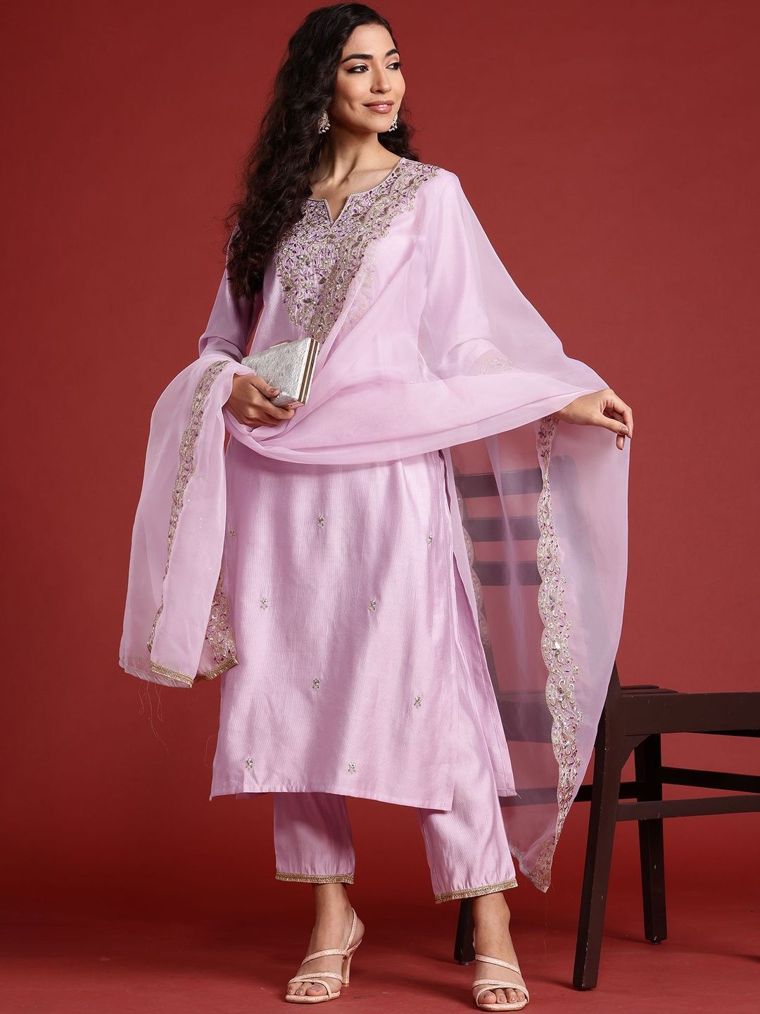 Dhiyona IE Women Ethnic Motifs Embroidered Regular Liva Kurta with Trousers & Dupatta