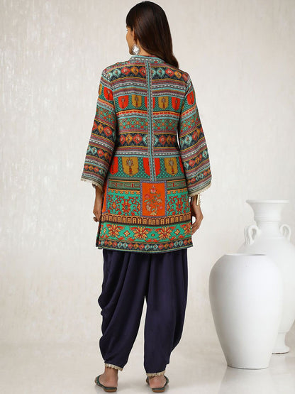 Dhiyona SO Women's Green Ethnic Motifs Printed Mirror Work Kurta With Dhoti Pants & Potli Bag
