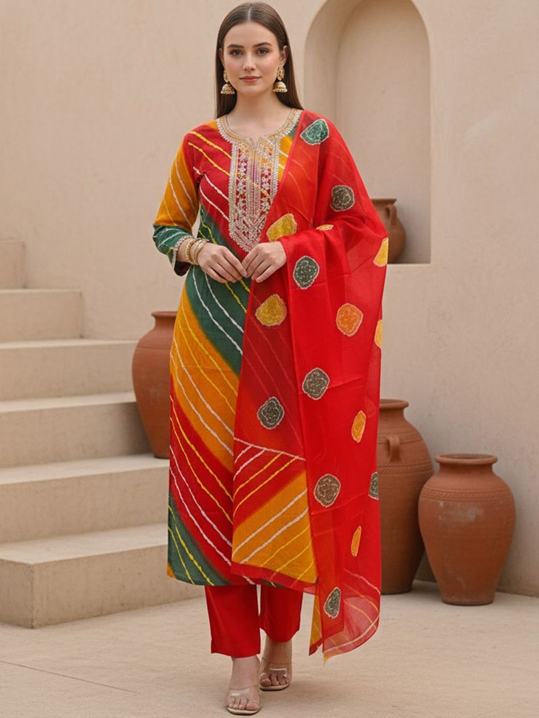 Women Leheriya Printed Regular Thread Work Kurta with Trousers & With Dupatta