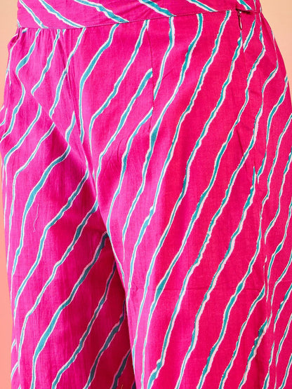 Dhiyona SN Women's Bandhani Printed Pure Cotton Round Neck Kurta With Trousers & Ruffled Dupatta
