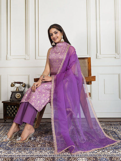 Dhiyona PD Women Ethnic Motifs Zari Woven Design Straight Kurta & Trousers With Dupatta