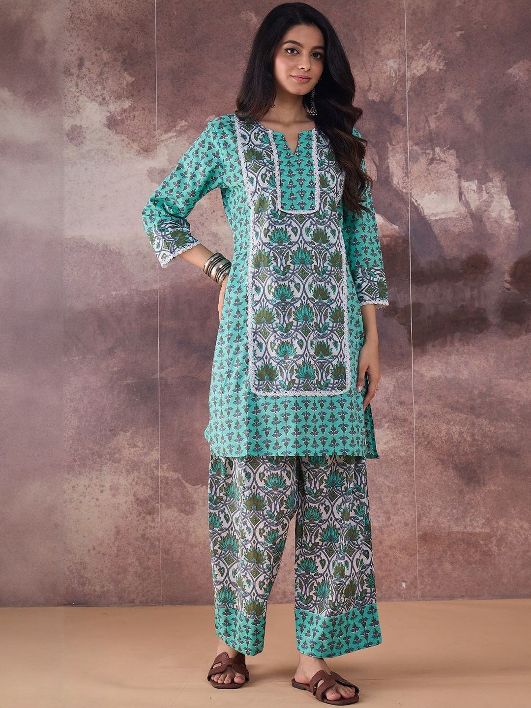 Dhiyona IE Ethnic Motifs Printed Notch Neck Pure Cotton Straight Kurta With Palazzos