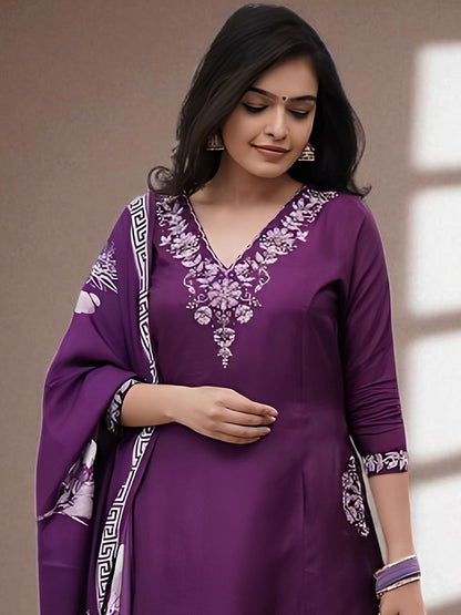 Dhiyona SN Women's Floral Embroidered Pure Cotton A-Line Kurta with Churidar & Dupatta