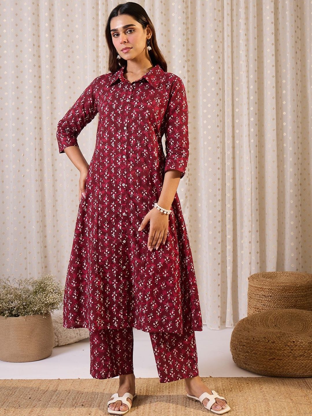 Women Floral Printed Pure Cotton Anarkali Kurta with Trouser