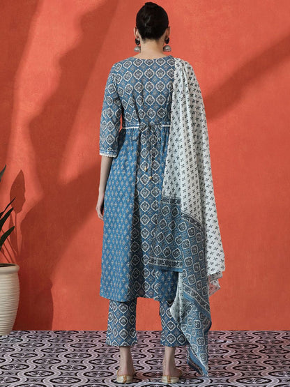 Dhiyona SN Women's Floral Embroidered A-Line Pure Cotton Kurta With Trousers & Dupatta