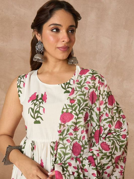 Women Floral Printed Pleated Pure Cotton Kurta with Palazzos & With Dupatta