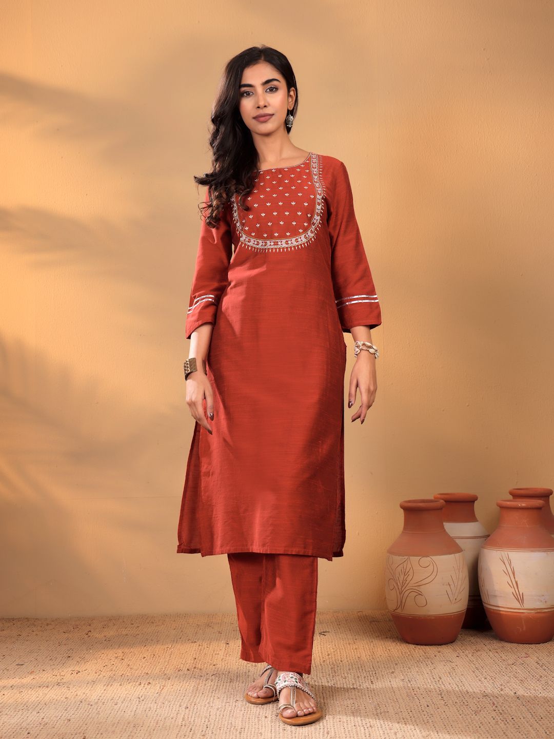 Dhiyona VA Women'sMaroon Floral Yoke Design Thread Work Straight Kurta With Trousers & Dupatta