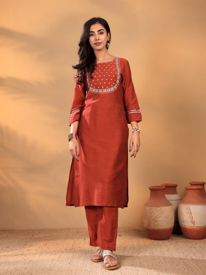 Dhiyona VA Women'sMaroon Floral Yoke Design Thread Work Straight Kurta With Trousers & Dupatta
