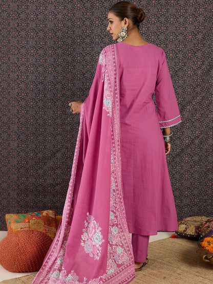 Women Floral Embroidered Panelled Thread Work Pure Cotton Kurta with Trousers & With Dupatta