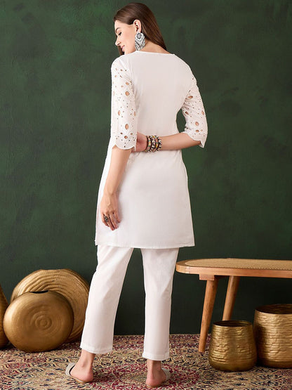 Dhiyona SN Women's White Floral Embroidered V-Neck Mirror Work Pure Cotton Kurta with Trousers