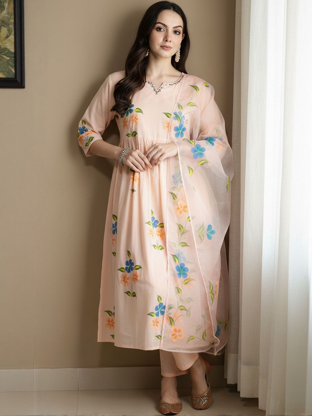 Dhiyona IE Floral Printed V-Neck Empire Pure Cotton A-Line Kurta With Trousers & Dupatta