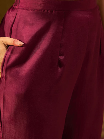 Dhiyona IE Maroon Floral Embroidered V-Neck Straight Kurta with Trousers & Dupatta