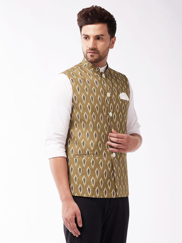 Men's Green Cotton Straight Nehru Jacket