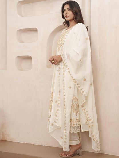 Dhiyona PD Women Floral Embroidered Pure Cotton Kurta & Trousers With Dupatta