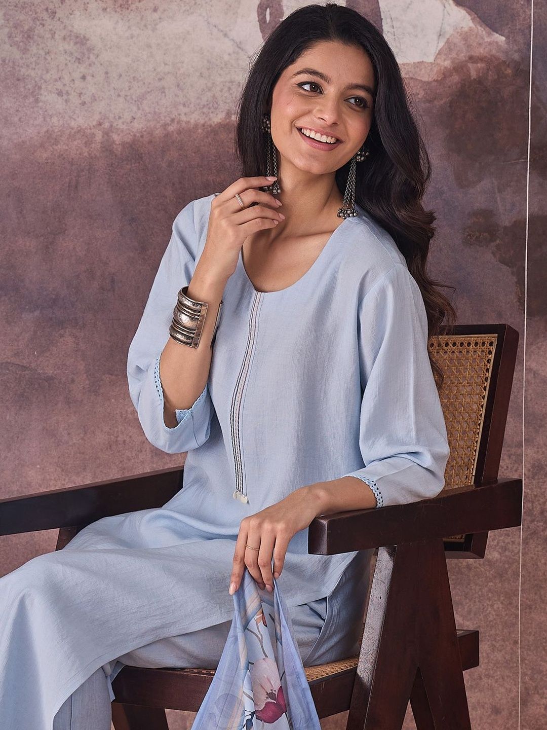 Embroidered Thread Work Straight Kurta With Trousers & Dupatta