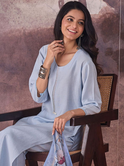 Embroidered Thread Work Straight Kurta With Trousers & Dupatta