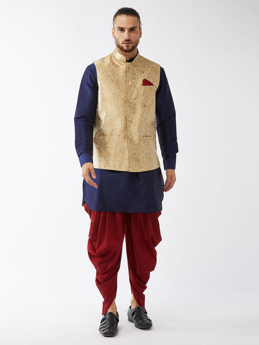 Men's Navy Blue Silk Blend Straight Jacket  Kurta and Dhoti Set