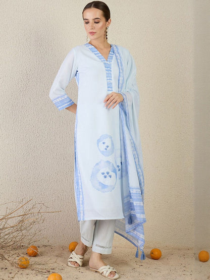 Women Abstract Printed Linen Kurta with Trousers & Dupatta