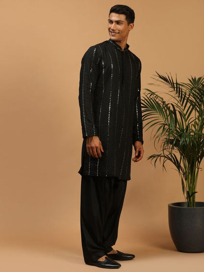 Men's Black Viscose Straight Kurta and Patiala Set