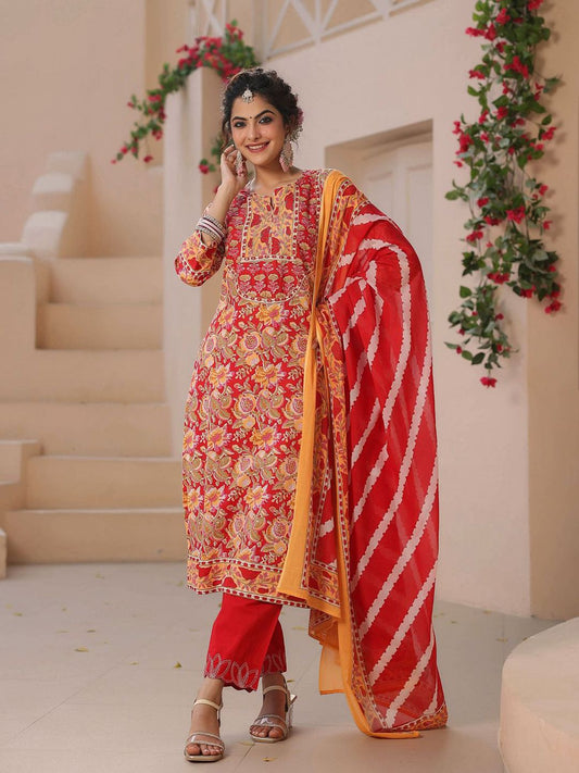 Dhiyona RR Women's Floral Printed Regular Sequinned Pure Cotton Kurta with Trousers & With Dupatta