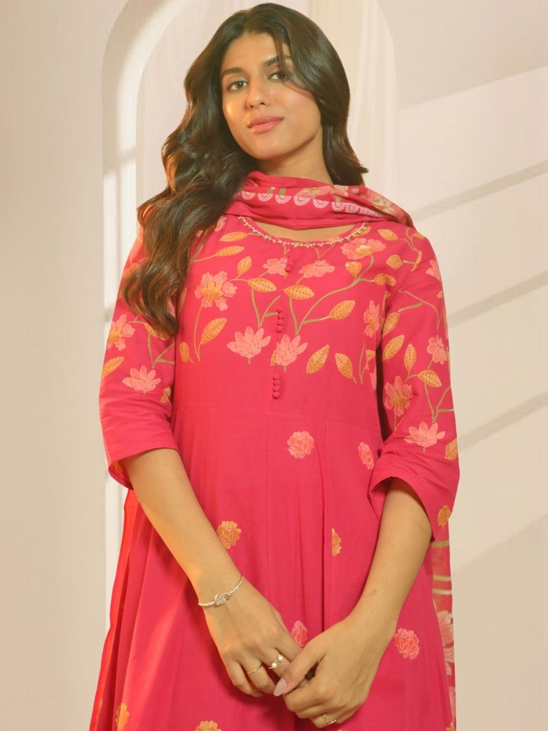 Women Floral Printed Panelled Pure Cotton Kurta with Trousers & With Dupatta