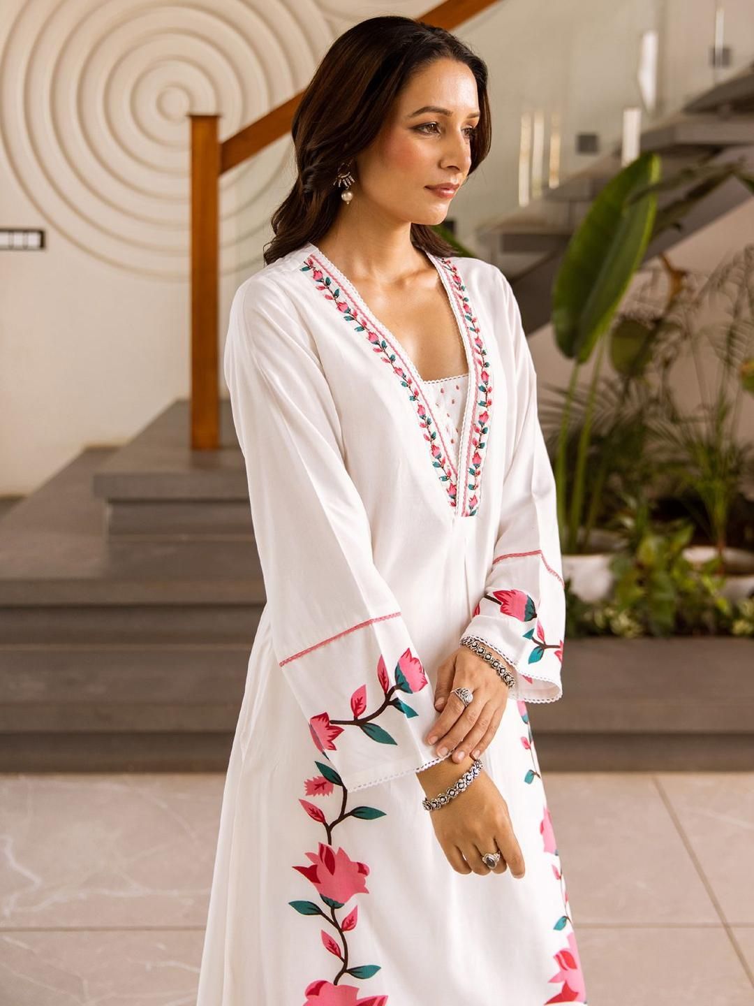Floral Printed Straight Thread Work Kurta With Palazzos