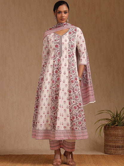 Dhiyona SO Women's Floral Printed Mirror Work Anarkali Kurta with Trouser & Dupatta