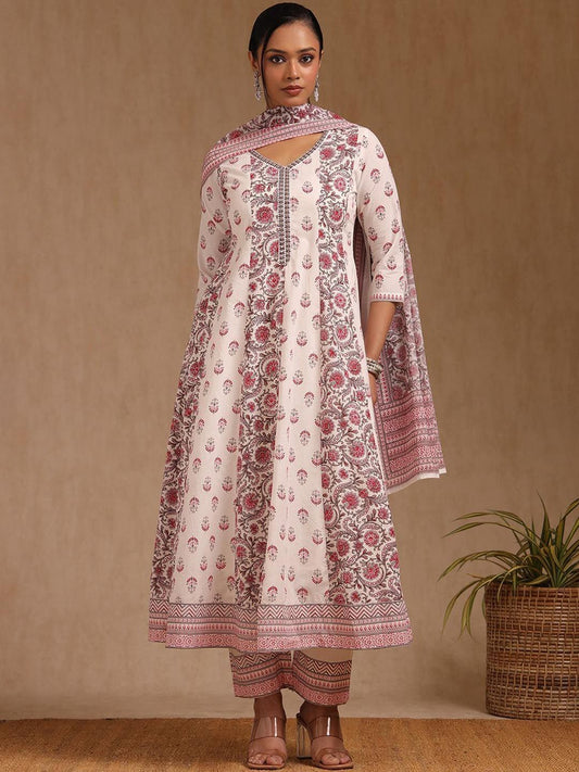 Dhiyona SO Women's Floral Printed Mirror Work Anarkali Kurta with Trouser & Dupatta