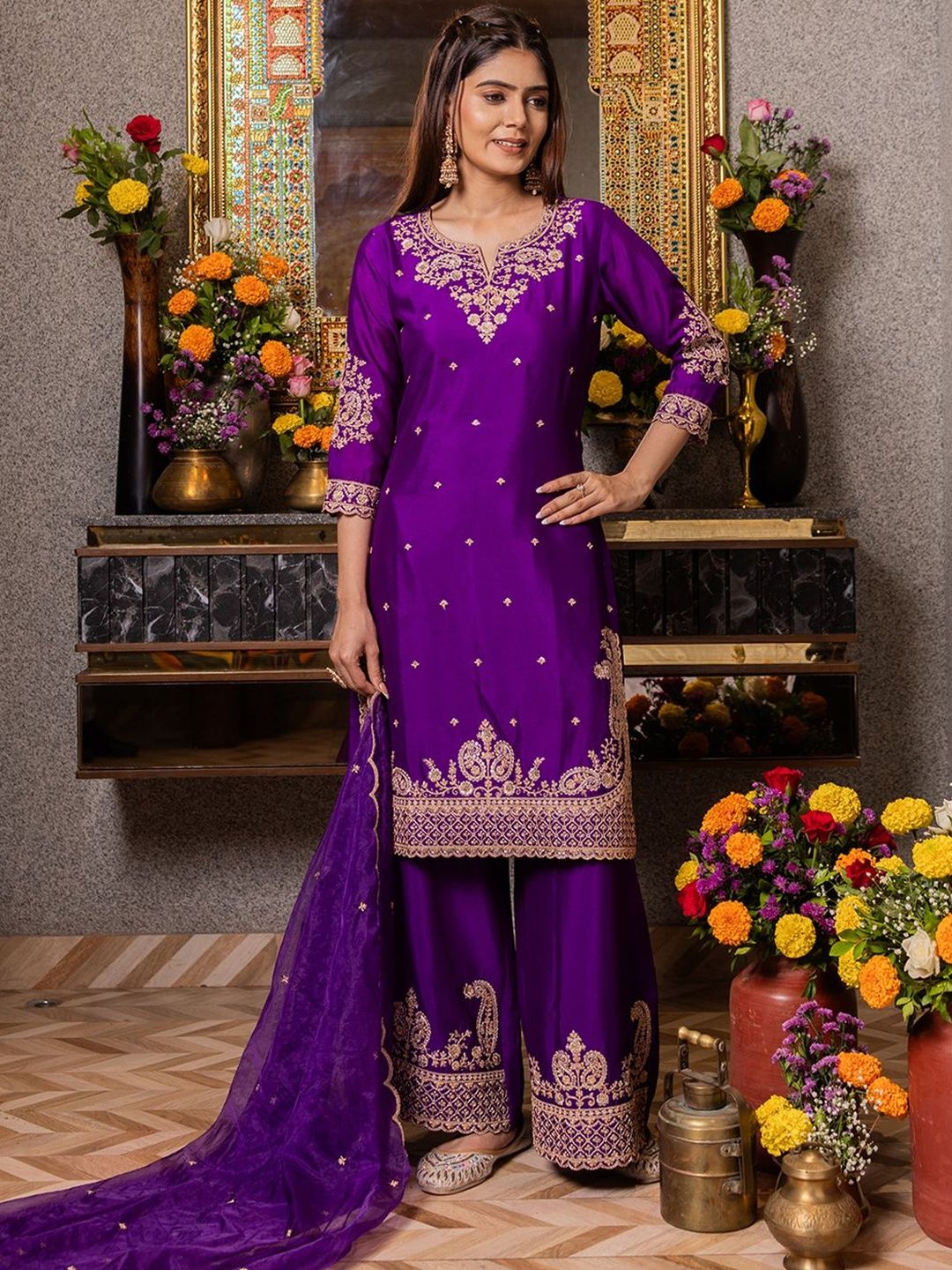 Dhiyona CH Women Ethnic Motifs Embroidered Kurta with Sharara & Dupatta