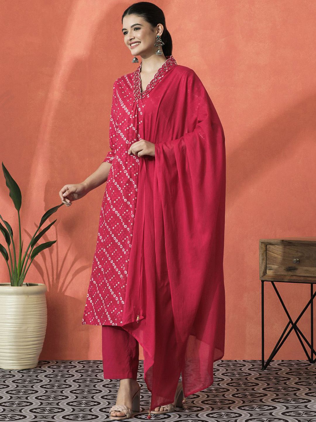 Dhiyona SN Women's Bandhani Printed V-Neck Pleated Pure Cotton Straight Kurta With Trouser & Dupatta