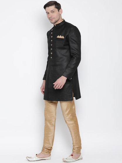 Men's Black Polyester Lurex Blend Straight Sherwani Set