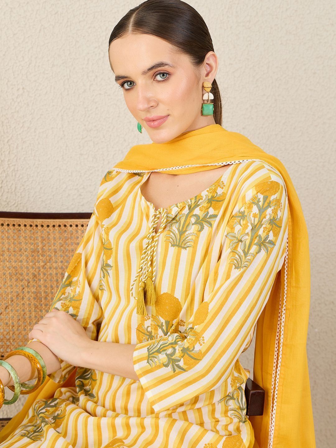 Women Floral Printed Cotton Kurta with Trousers & Dupatta