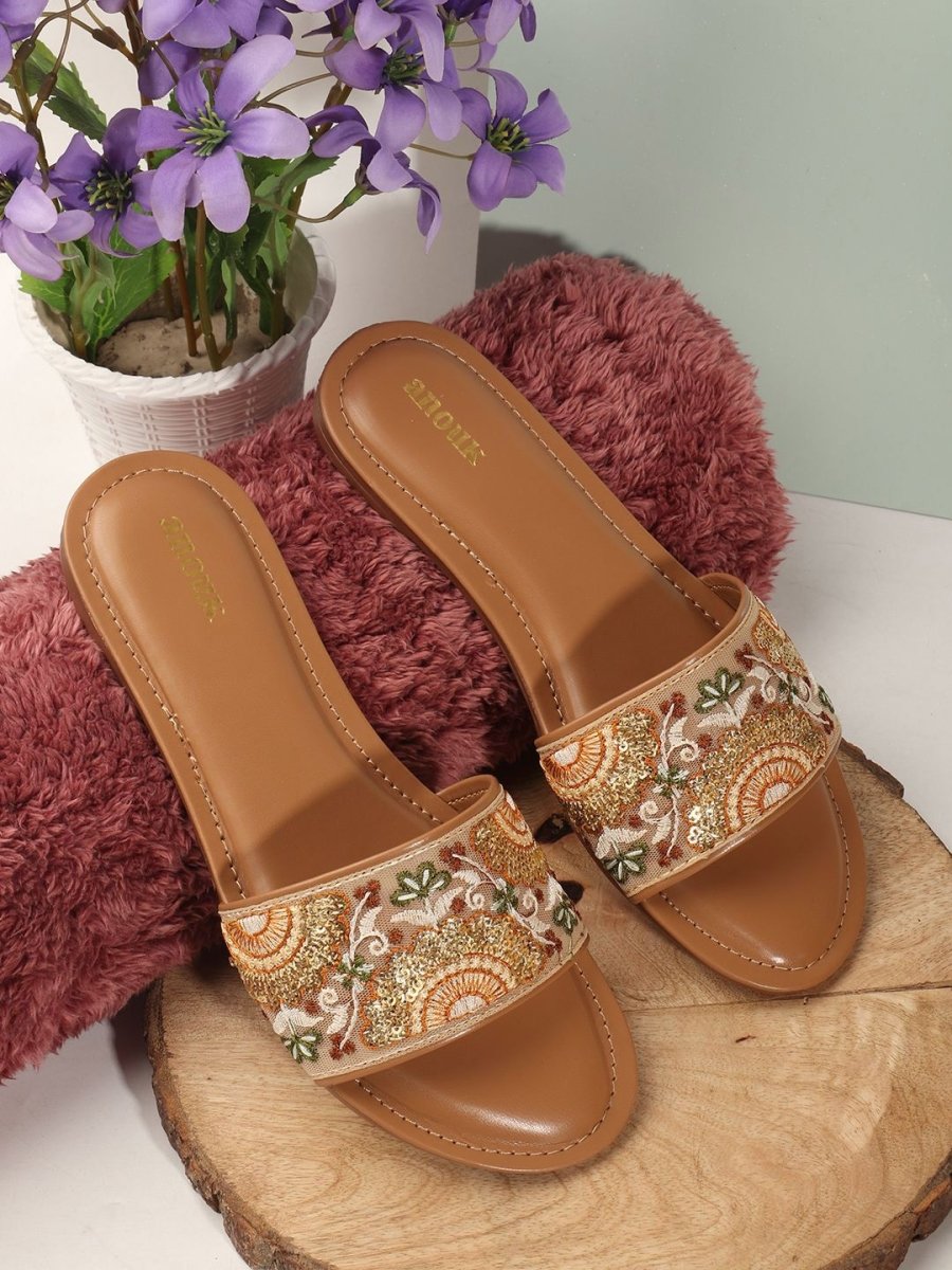 Dhiyona AK Women Ethnic Round Toe Open Toe Flats with Embroidered
