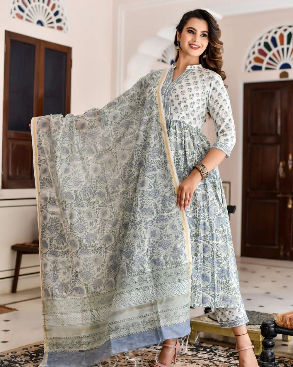 Women White Printed Pure Cotton Kurta, Pant And Dupatta Set