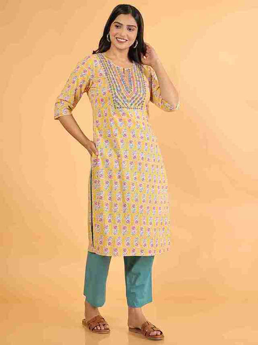 Women's Cotton Yellow Straight Kurta