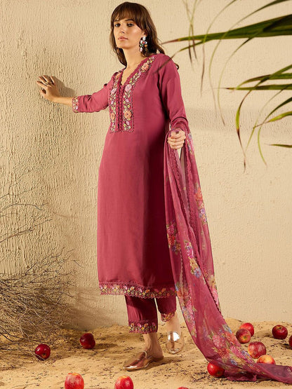Women Floral Yoke Design Regular Thread Work Kurta with Trousers & With Dupatta