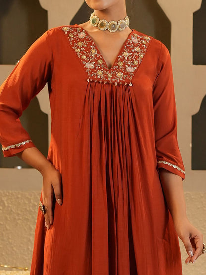 Floral Yoke Design V Neck Zari Chanderi Silk A-Line Kurta & Trousers