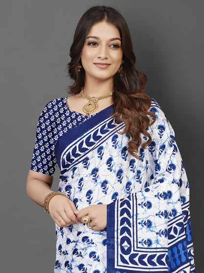Women's Dola Silk White Printed Designer Saree With Blouse Piece
