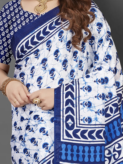 Women's Dola Silk White Printed Designer Saree With Blouse Piece