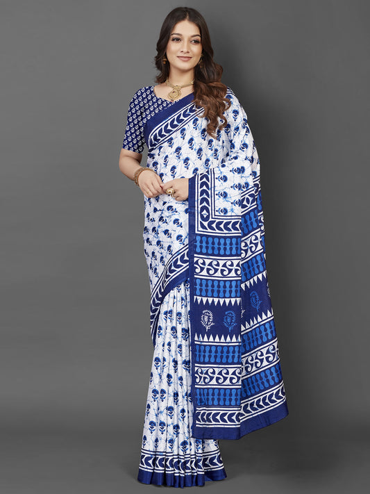 Women's Dola Silk White Printed Designer Saree With Blouse Piece