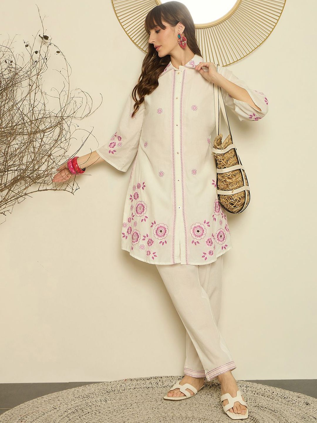 Dhiyona IE Women Embroidered Shirt Collar Cotton Top and Trousers Co-Ords