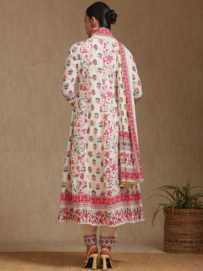 Dhiyona SO Women's Floral Printed V-Neck A-Line Kurta With Trousers And Dupatta