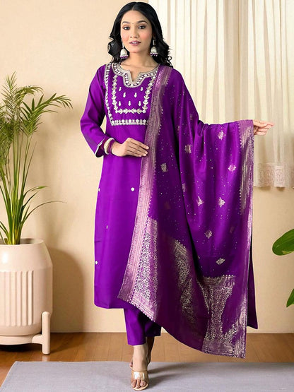 Dhiyona SN Women's Embroidered Pure Cotton Kurta & Trousers With Dupatta