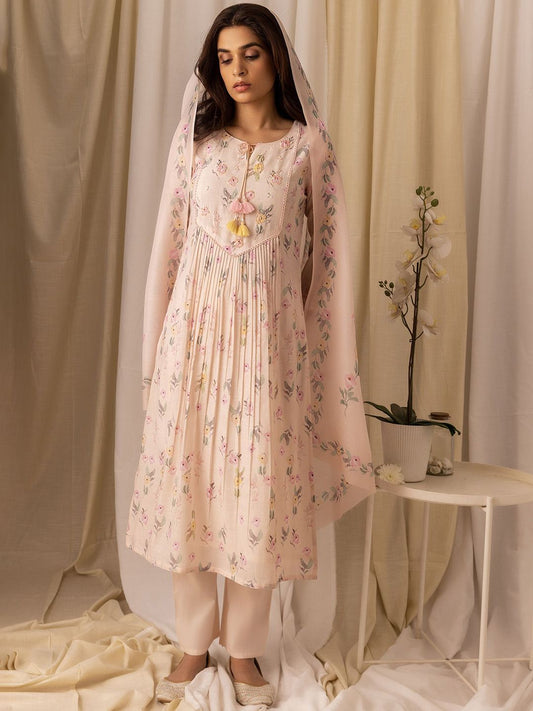Dhiyona OD  Floral Printed Pleated Style A-Line Kurta With Trousers & Dupatta