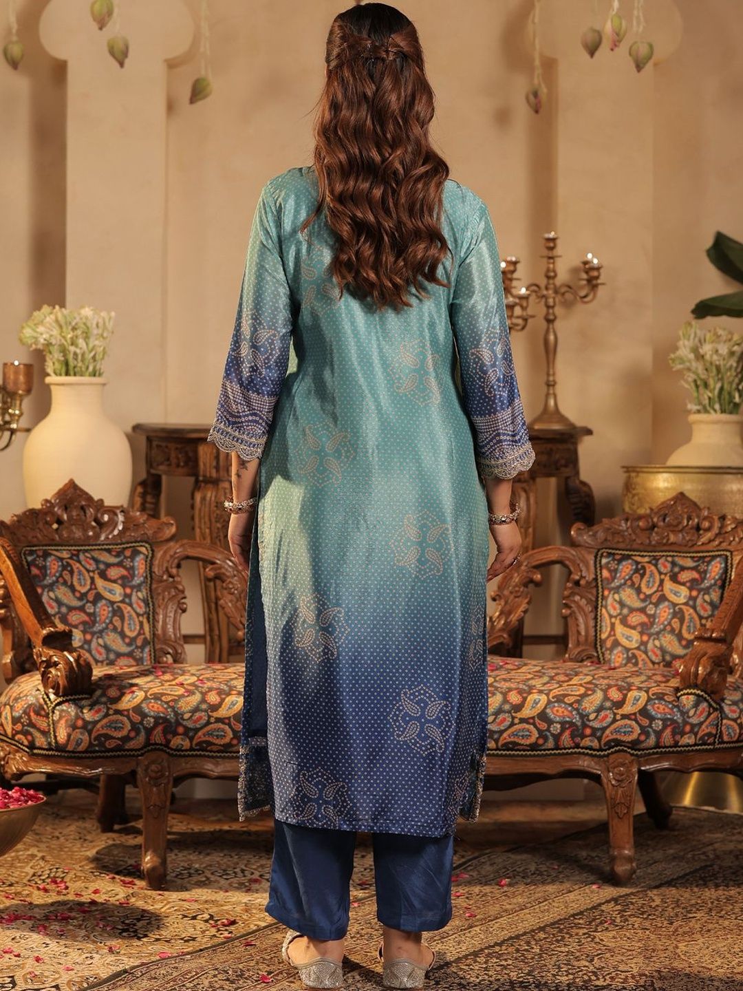 Bandhani Printed Sequinned Straight Kurta & Trousers With Dupatta