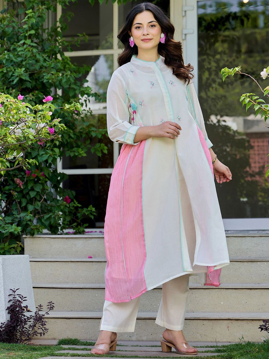 Dhiyona IE Floral Printed Pure Cotton Mandarin Collar Tunic With Trousers